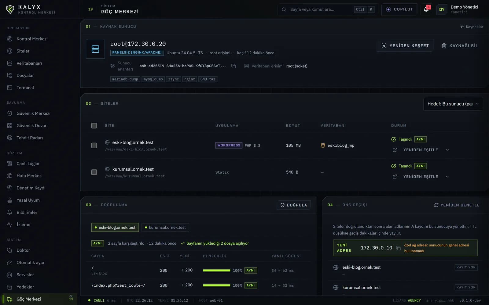 Göç Merkezi: başka sunucudan WordPress ve statik site taşıma, sayfa doğrulaması ve DNS geçişi